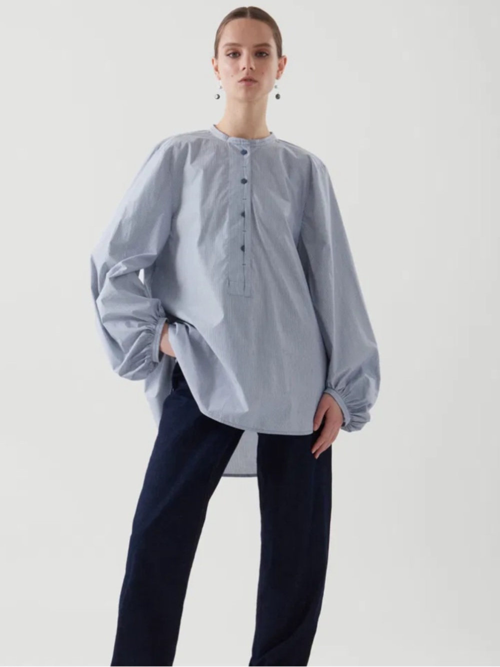 COS Balloon Sleeve Cotton Pinstripe Relaxed Fit Blouse Top Size 6